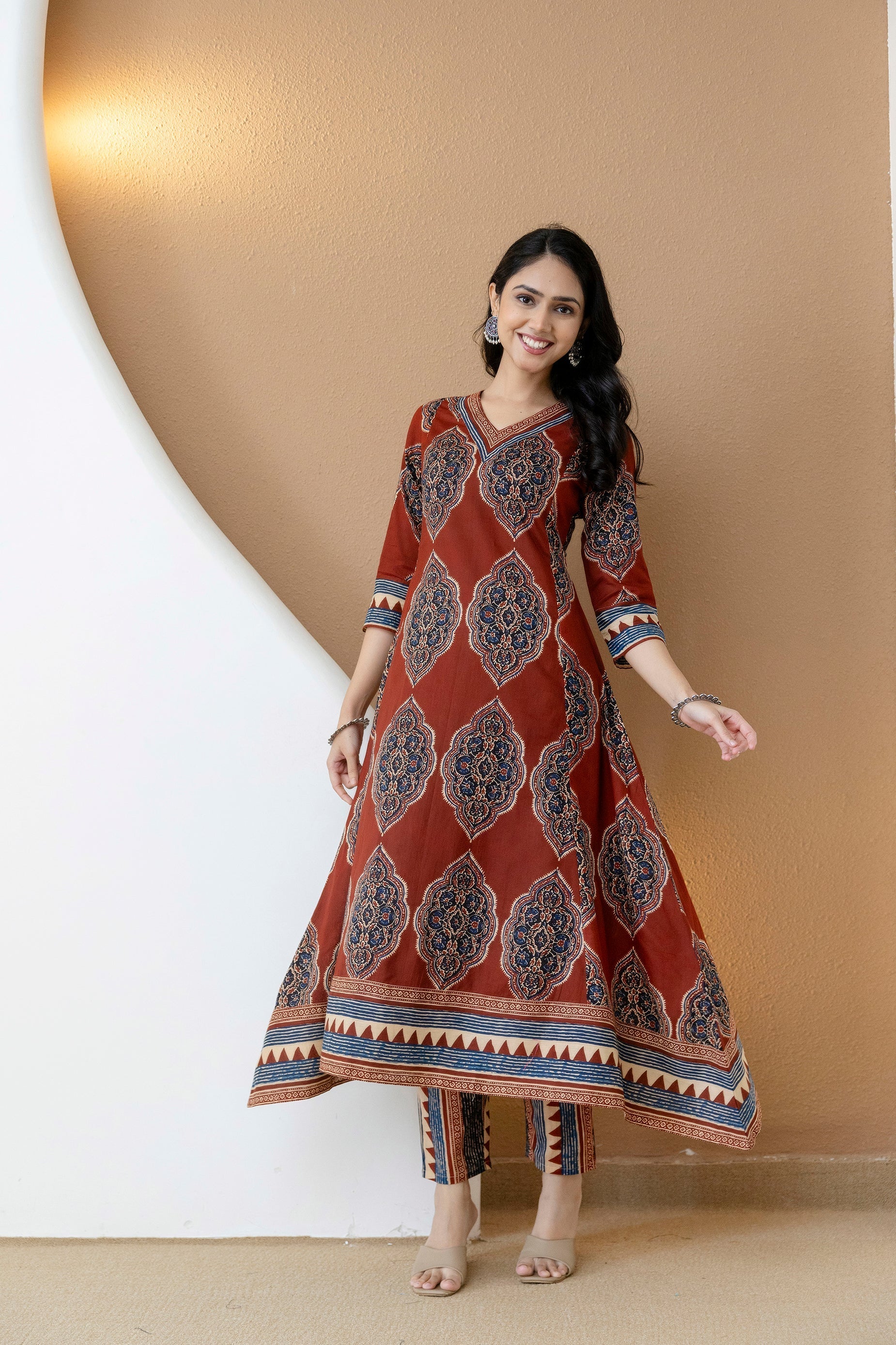 Ethnic Motif Printed Anarkali Kurta Set With Matching Pants & Dupatta, Rust - Hiral Fashion