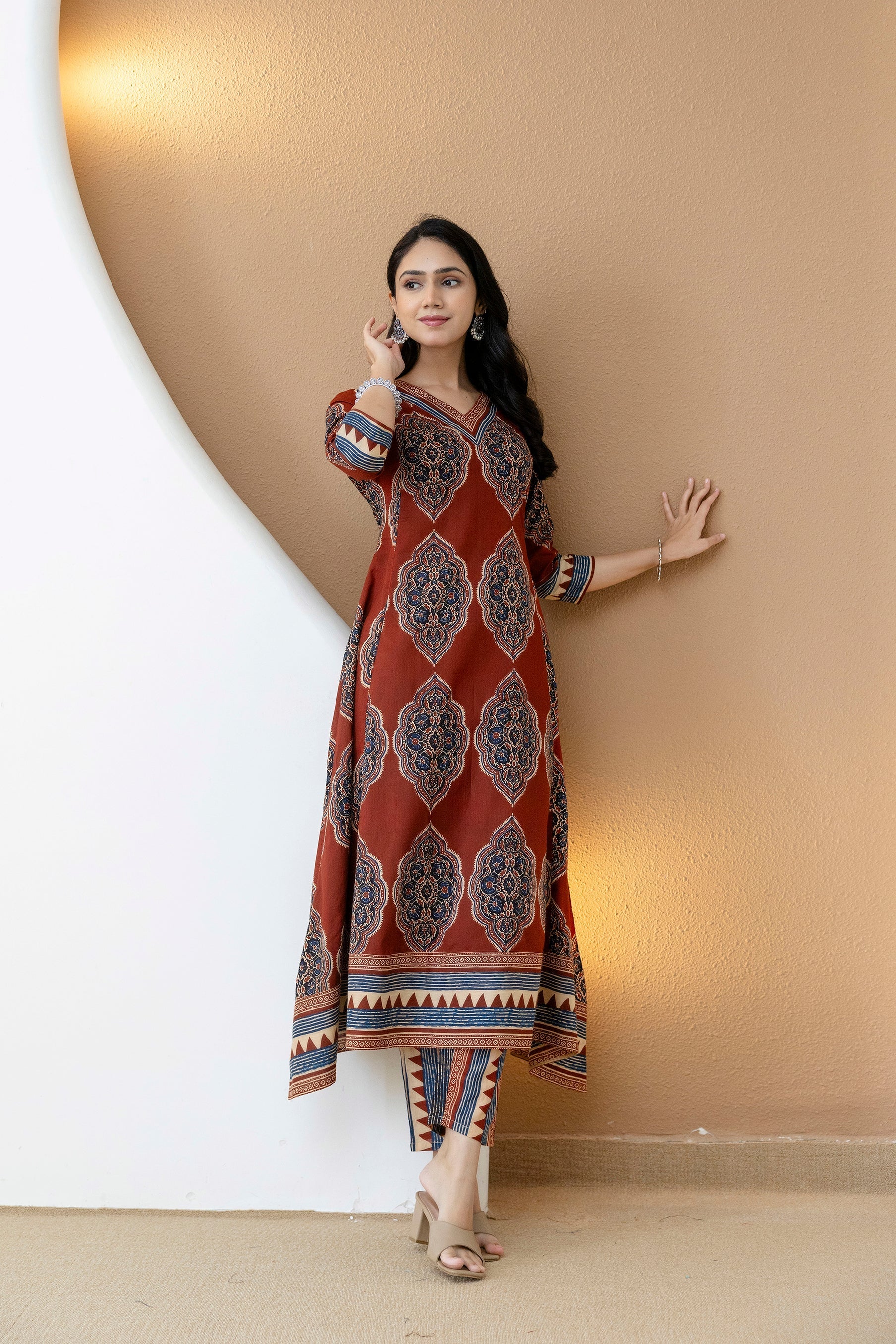 Ethnic Motif Printed Anarkali Kurta Set With Matching Pants & Dupatta, Rust - Hiral Fashion