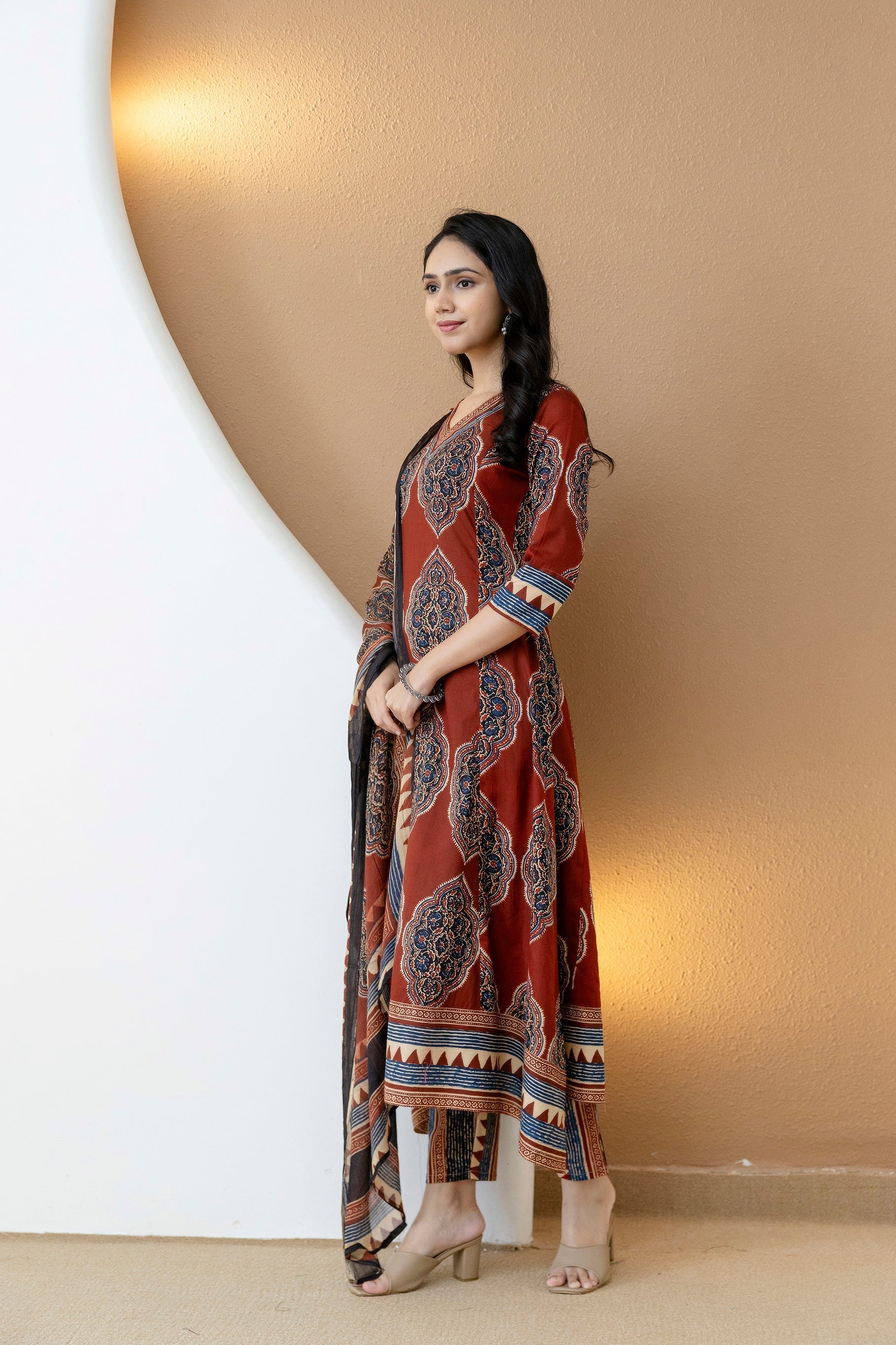 Ethnic Motif Printed Anarkali Kurta Set With Matching Pants & Dupatta, Rust - Hiral Fashion