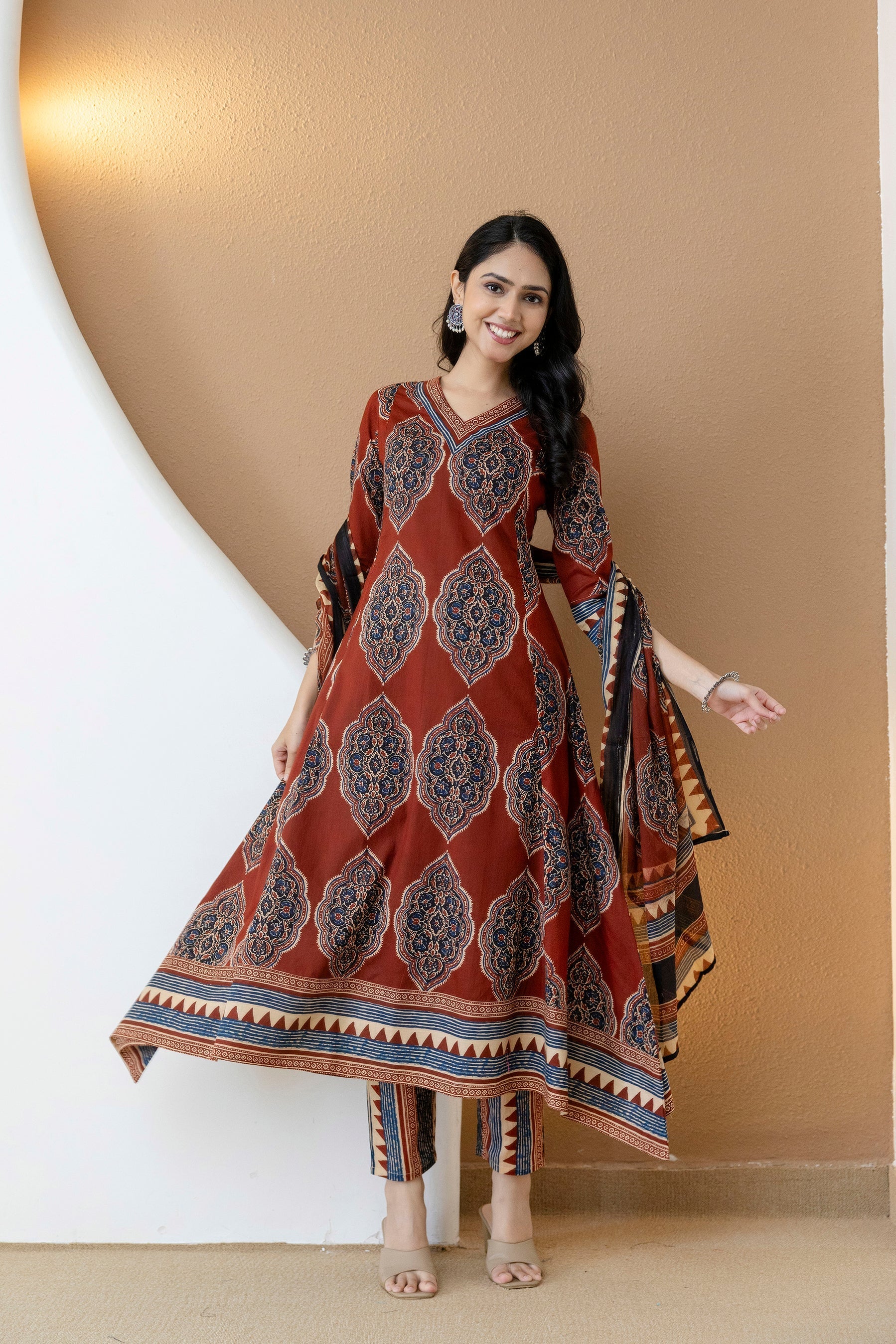 Ethnic Motif Printed Anarkali Kurta Set With Matching Pants & Dupatta, Rust - Hiral Fashion