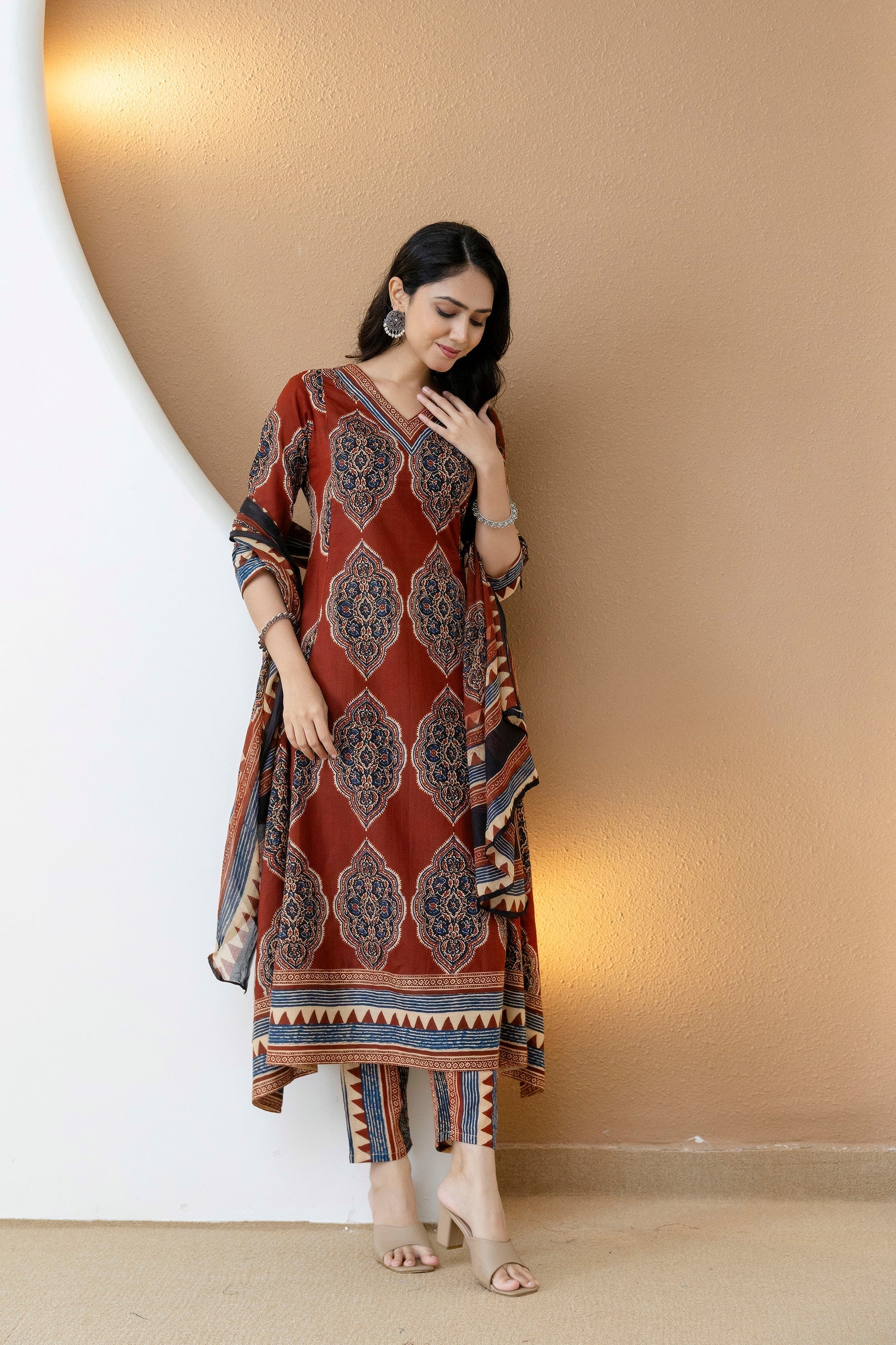 Ethnic Motif Printed Anarkali Kurta Set With Matching Pants & Dupatta, Rust - Hiral Fashion