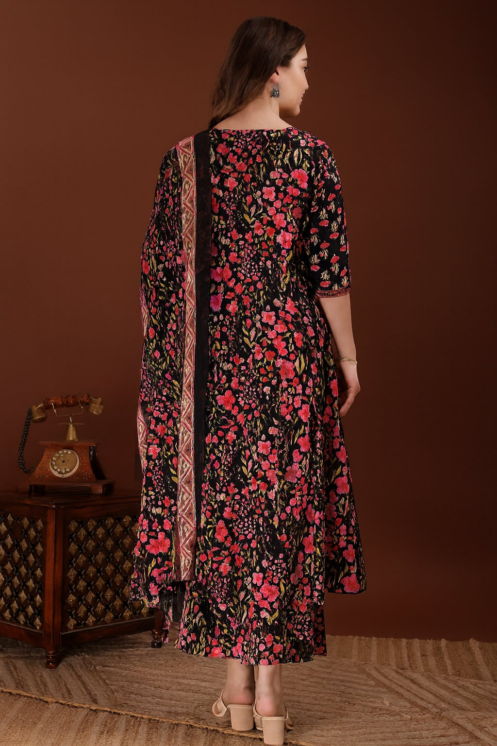 Embroidered & Floral Printed Kurta With Palazzo & Printed Dupatta, Black - Hiral Fashion