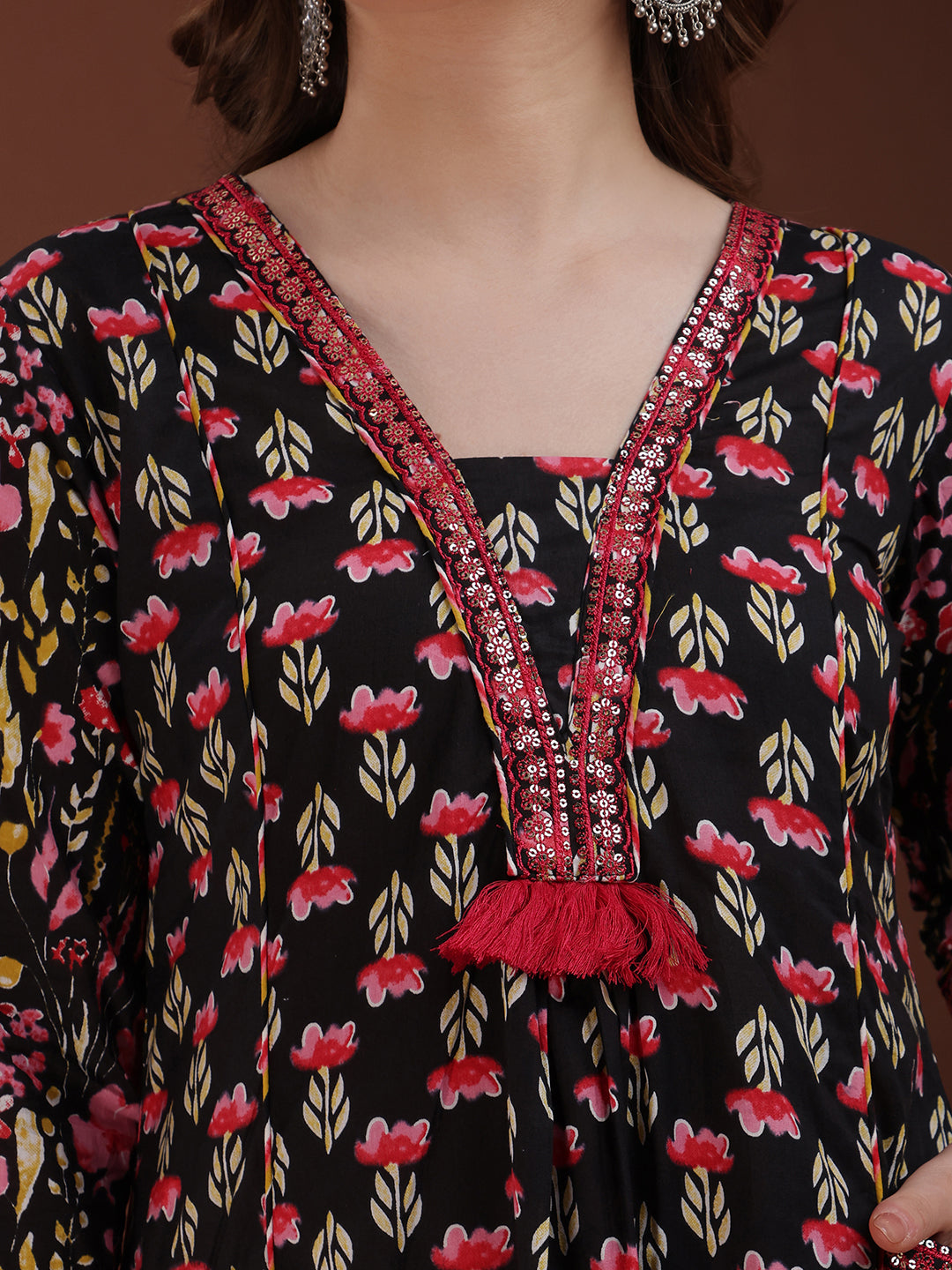 Embroidered & Floral Printed Kurta With Palazzo & Printed Dupatta, Black - Hiral Fashion