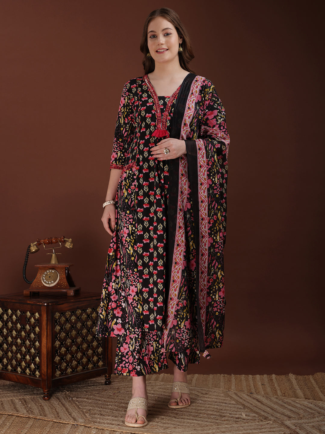 Embroidered & Floral Printed Kurta With Palazzo & Printed Dupatta, Black - Hiral Fashion