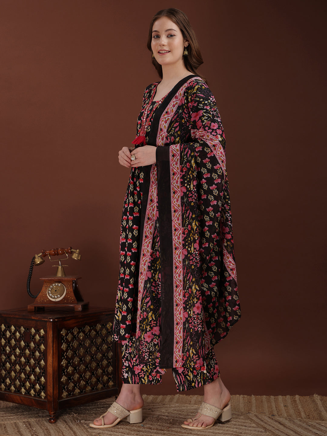 Embroidered & Floral Printed Kurta With Palazzo & Printed Dupatta, Black - Hiral Fashion