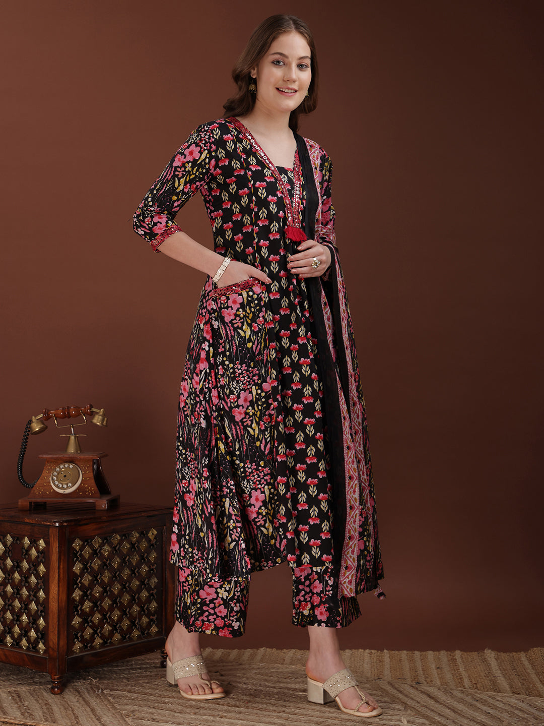 Embroidered & Floral Printed Kurta With Palazzo & Printed Dupatta, Black - Hiral Fashion