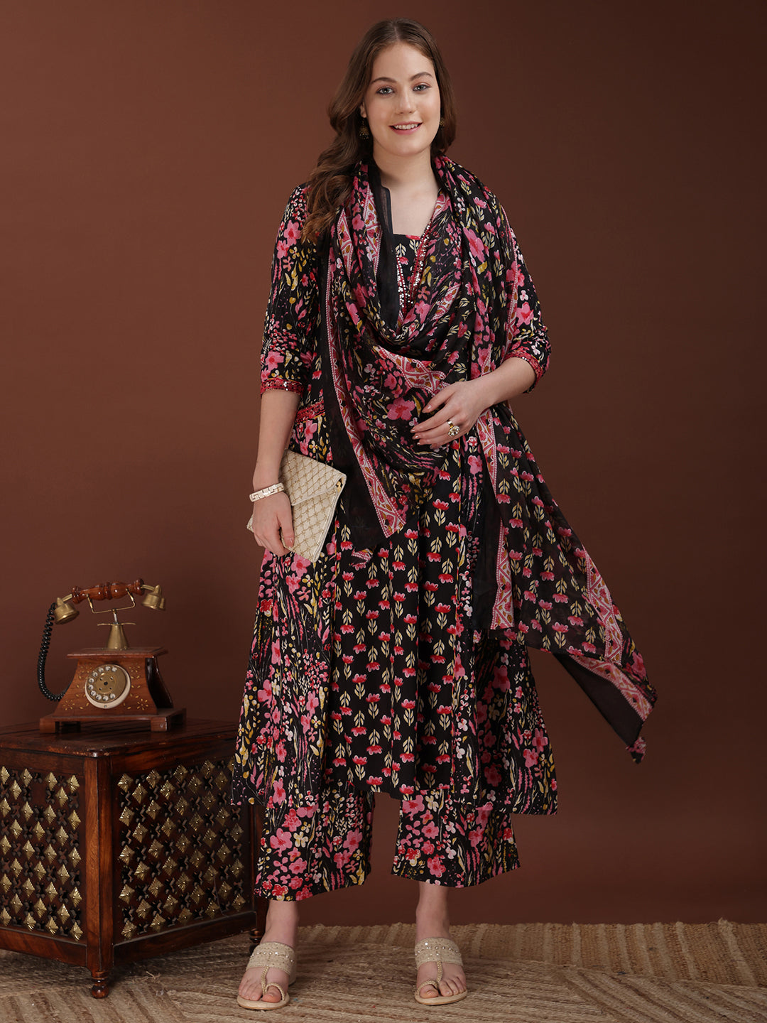 Embroidered & Floral Printed Kurta With Palazzo & Printed Dupatta, Black - Hiral Fashion