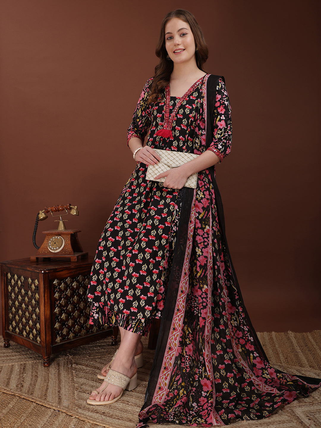 Embroidered & Floral Printed Kurta With Palazzo & Printed Dupatta, Black - Hiral Fashion