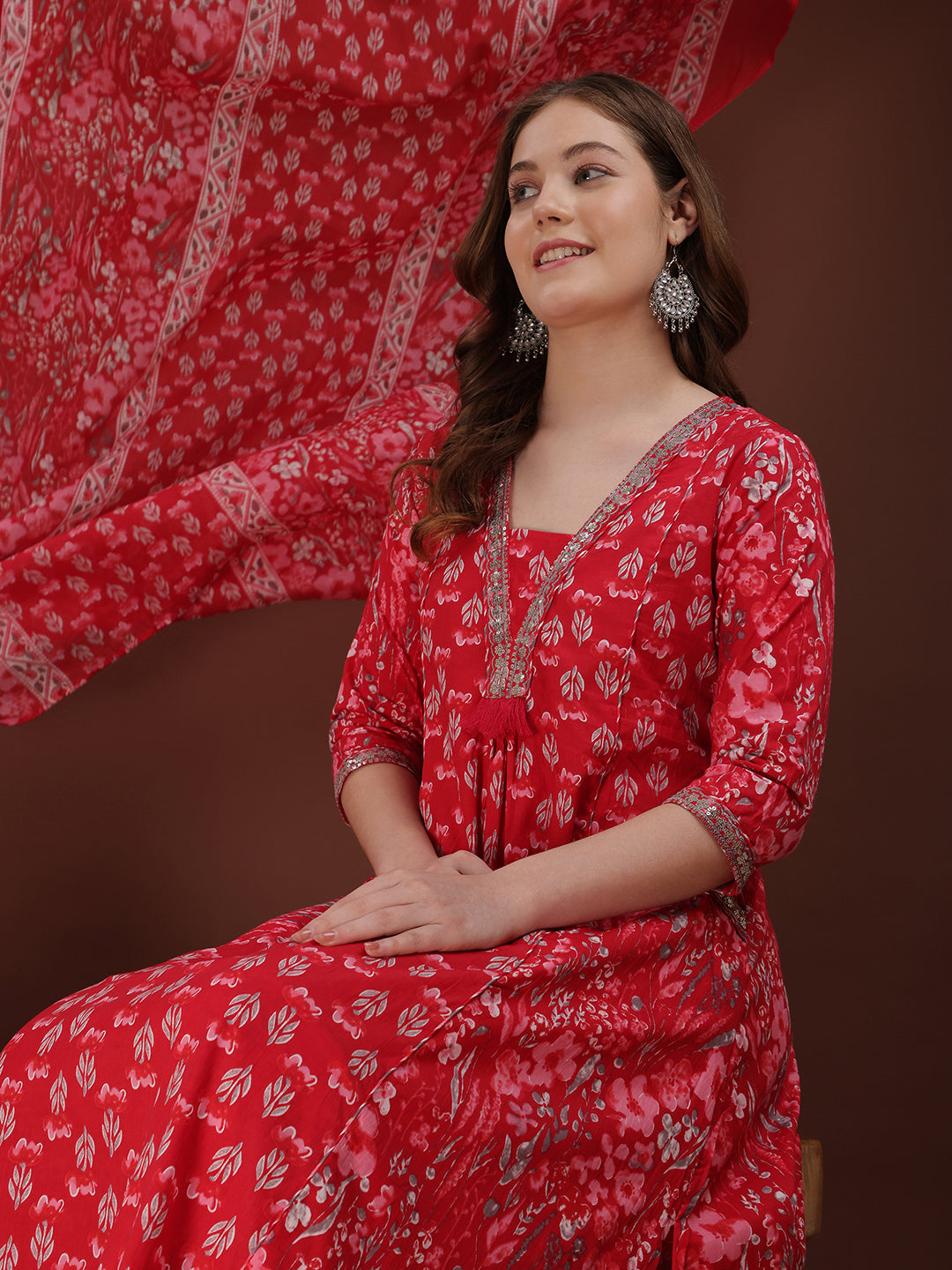 Embroidered & Floral Printed Kurta With Palazzo & Printed Dupatta, Pink - Hiral Fashion