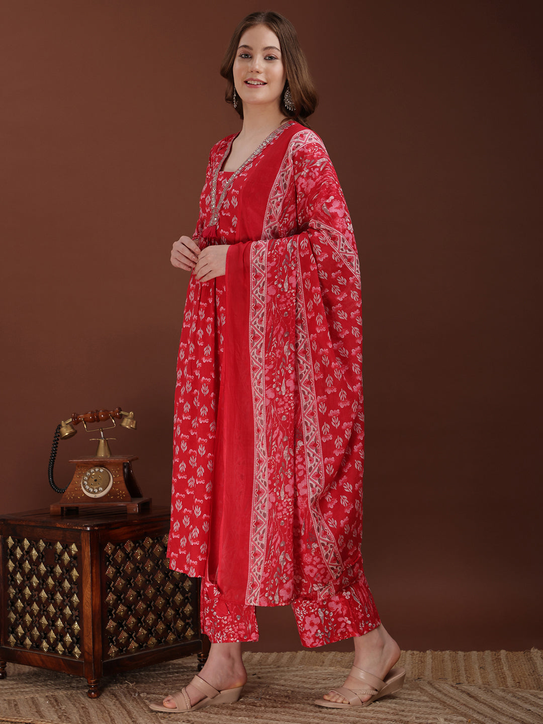 Embroidered & Floral Printed Kurta With Palazzo & Printed Dupatta, Pink - Hiral Fashion