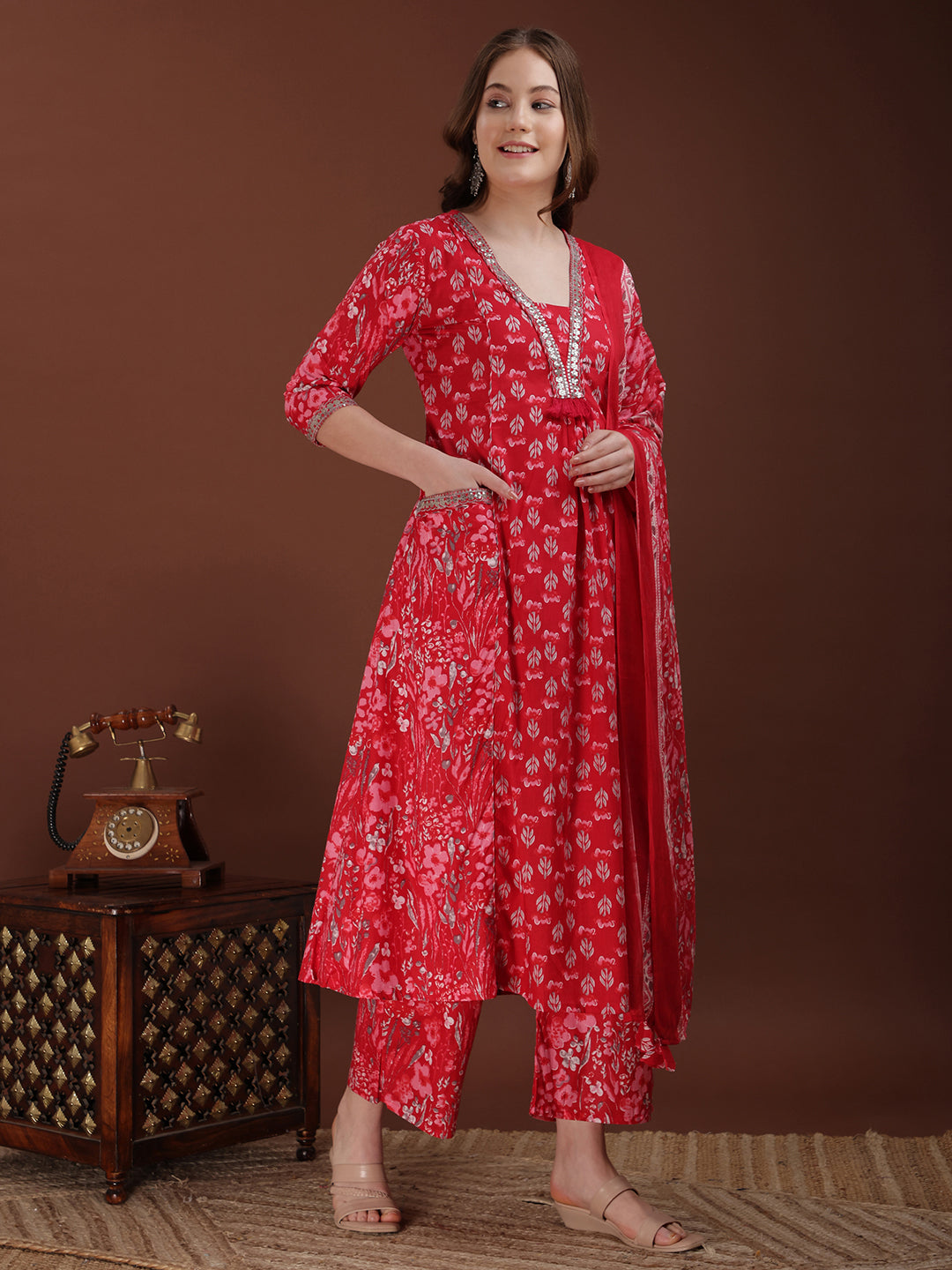 Embroidered & Floral Printed Kurta With Palazzo & Printed Dupatta, Pink - Hiral Fashion