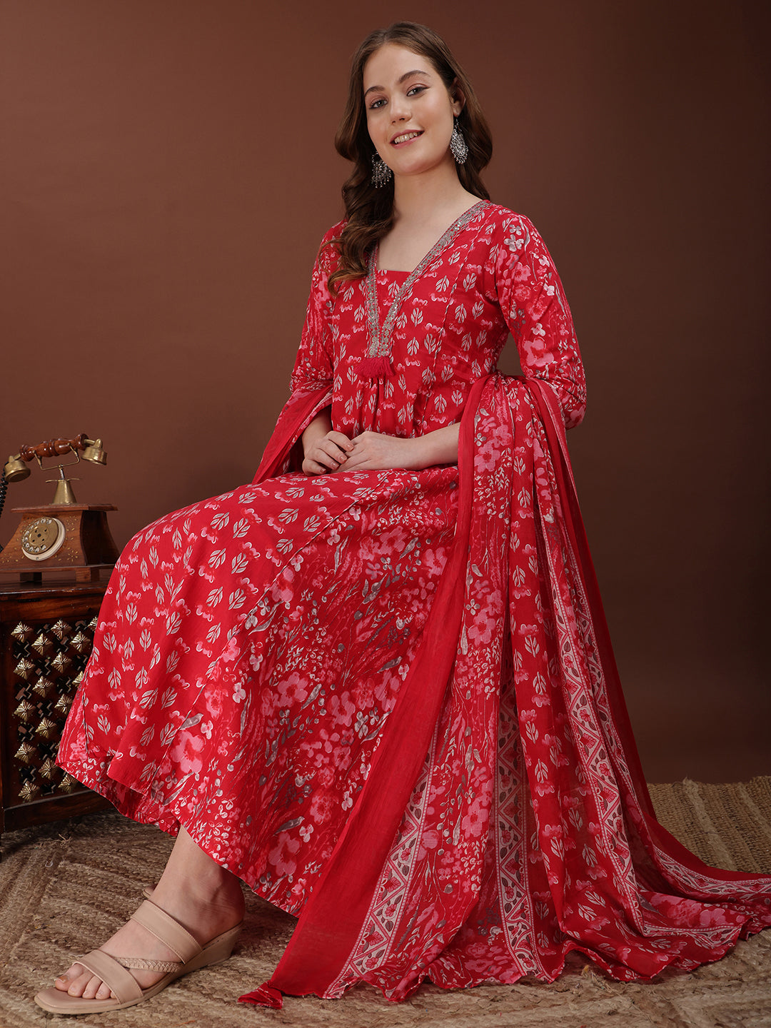 Embroidered & Floral Printed Kurta With Palazzo & Printed Dupatta, Pink - Hiral Fashion