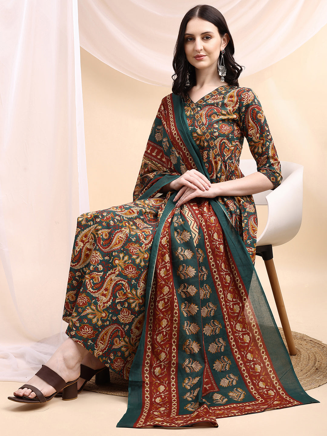 Paisley Printed Angarkha Style Anarkali Kurta With Pant & Dupatta, Bottle-Green - Hiral Fashion