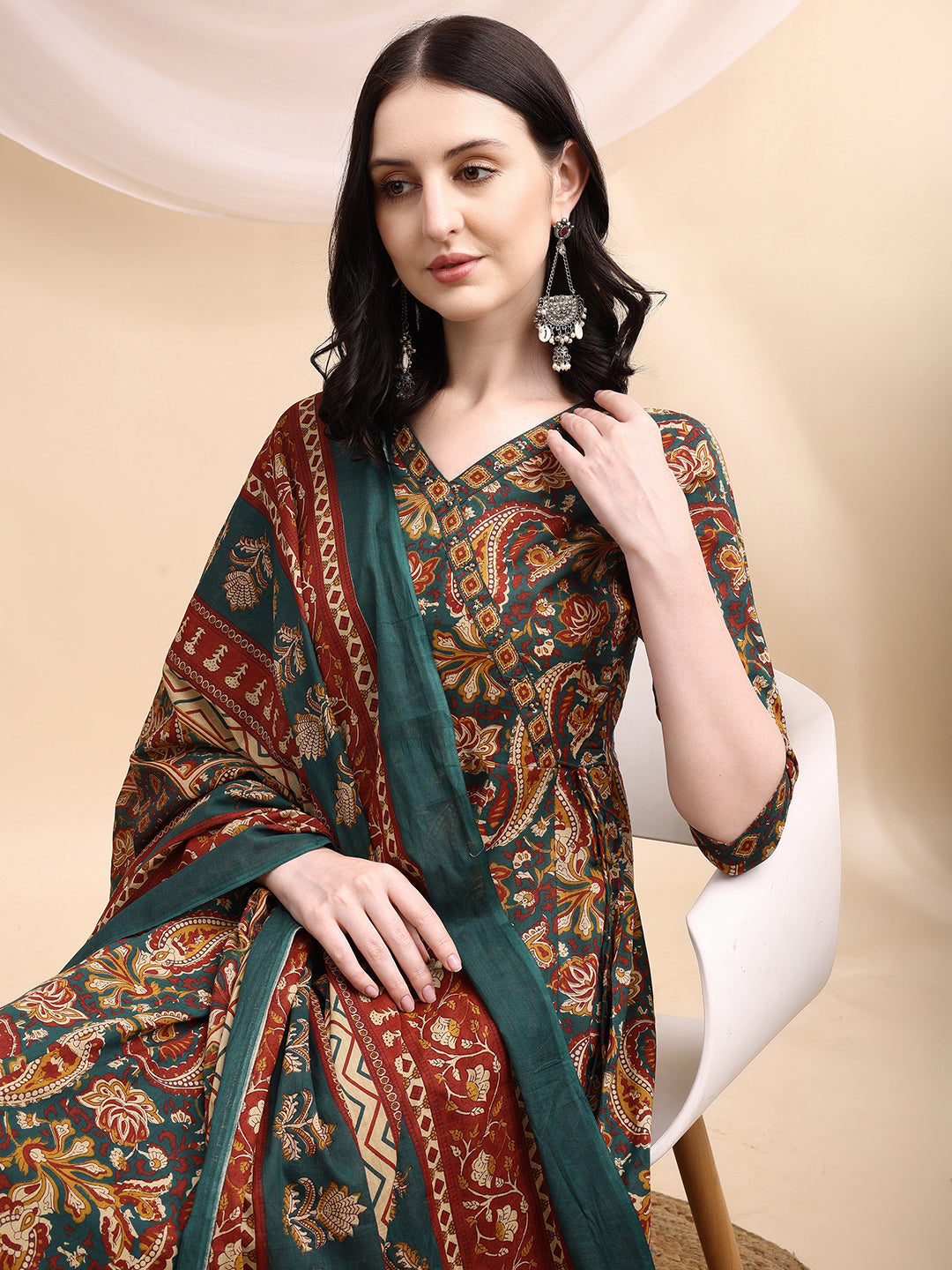 Paisley Printed Angarkha Style Anarkali Kurta With Pant & Dupatta, Bottle-Green - Hiral Fashion