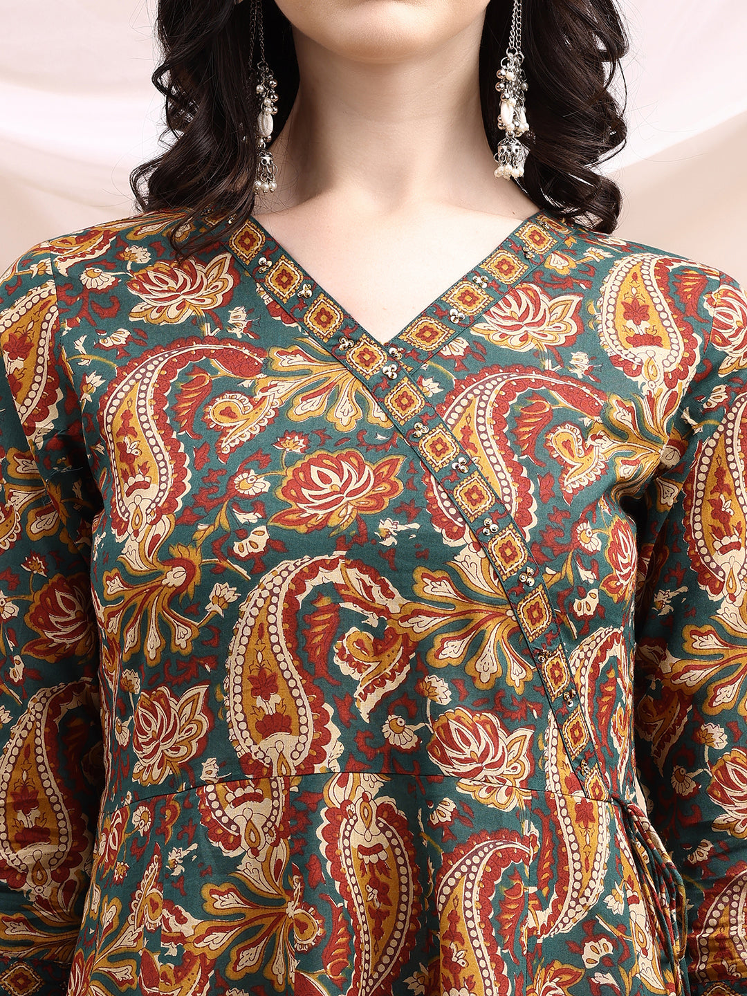Paisley Printed Angarkha Style Anarkali Kurta With Pant & Dupatta, Bottle-Green - Hiral Fashion