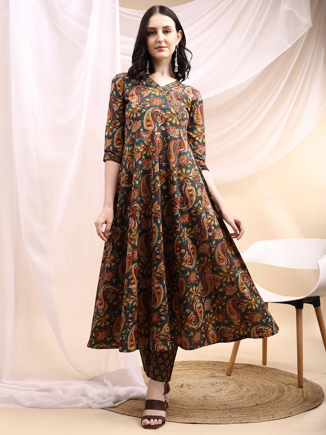 Paisley Printed Angarkha Style Anarkali Kurta With Pant & Dupatta, Bottle-Green - Hiral Fashion