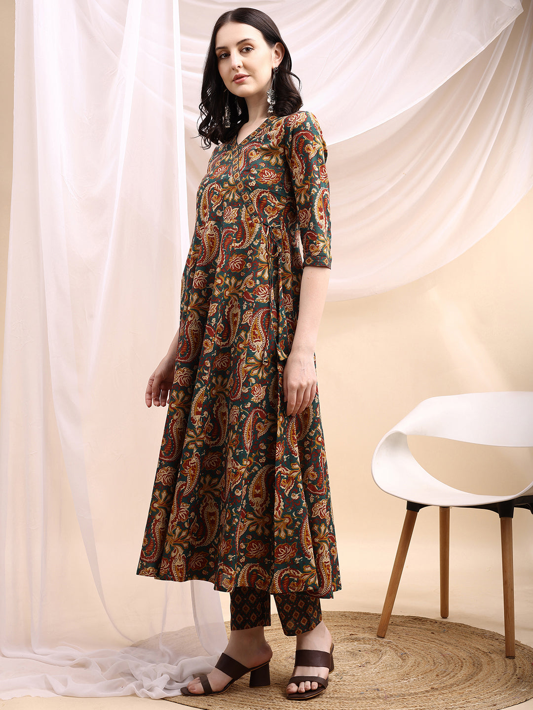 Paisley Printed Angarkha Style Anarkali Kurta With Pant & Dupatta, Bottle-Green - Hiral Fashion