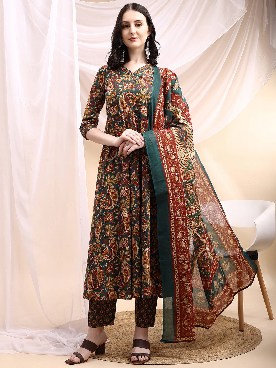 Paisley Printed Angarkha Style Anarkali Kurta With Pant & Dupatta, Bottle-Green - Hiral Fashion
