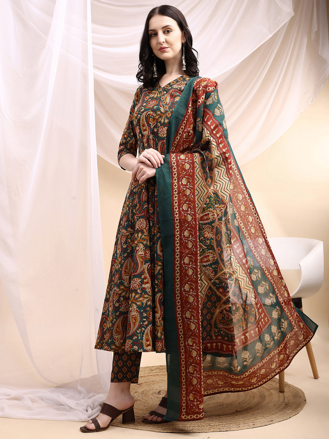 Paisley Printed Angarkha Style Anarkali Kurta With Pant & Dupatta, Bottle-Green - Hiral Fashion