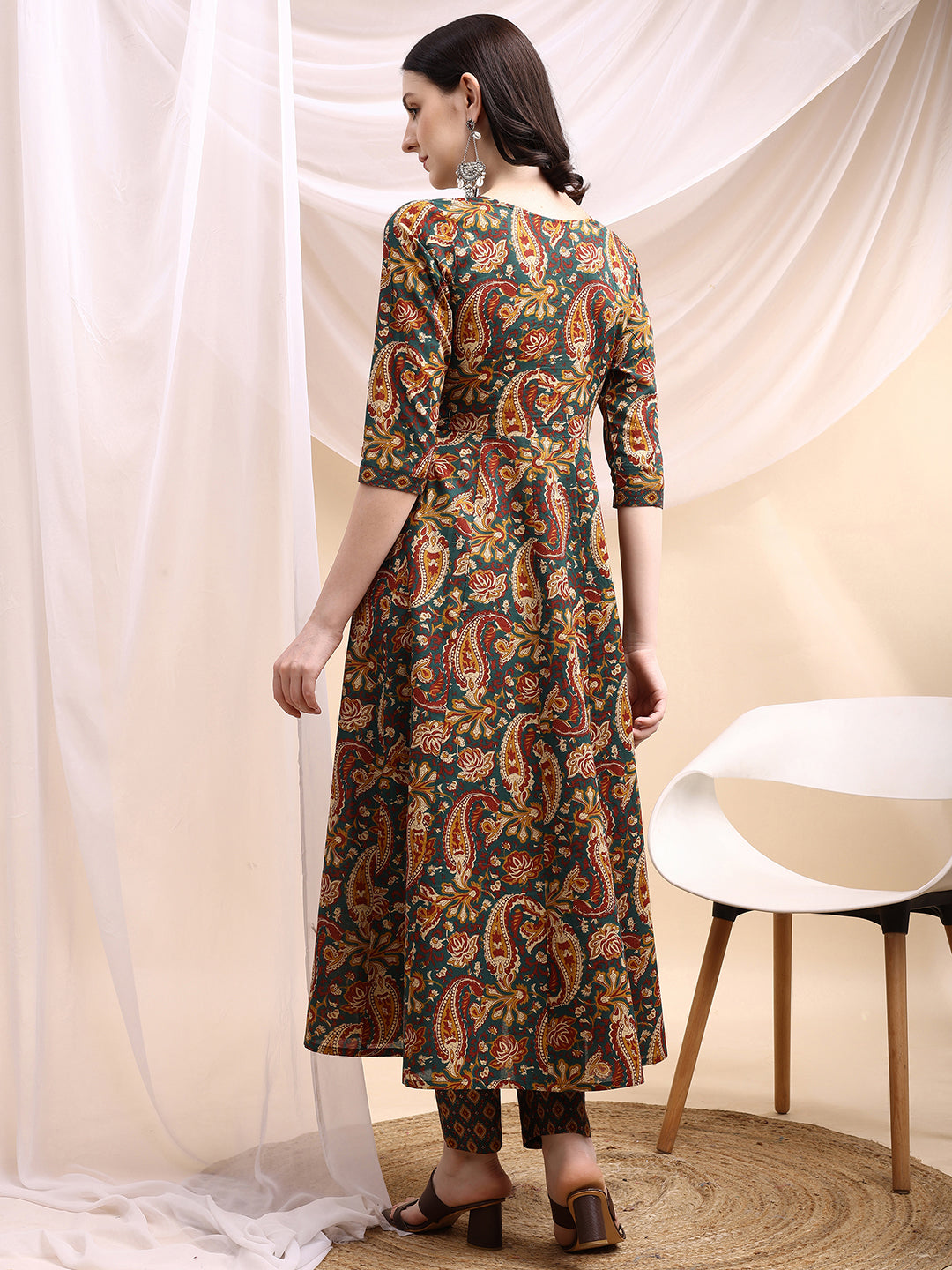 Paisley Printed Angarkha Style Anarkali Kurta With Pant & Dupatta, Bottle-Green - Hiral Fashion
