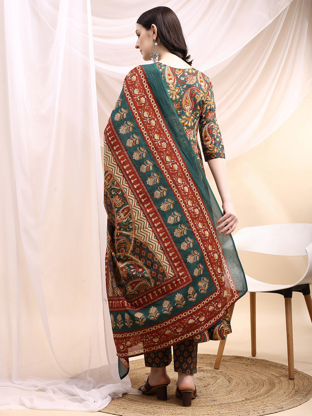 Paisley Printed Angarkha Style Anarkali Kurta With Pant & Dupatta, Bottle-Green - Hiral Fashion