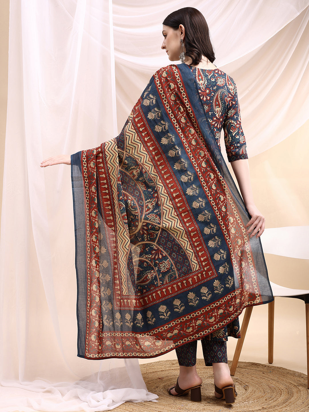 Paisley Printed Angarkha Style Anarkali Kurta With Pant & Dupatta, Navy Blue - Hiral Fashion