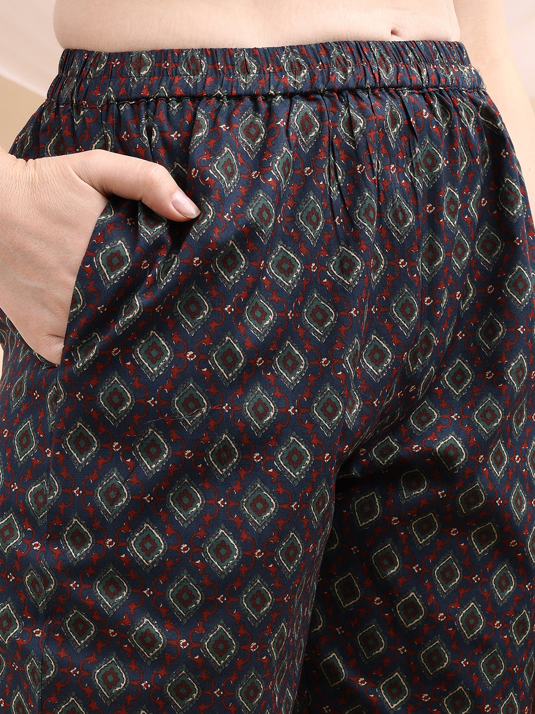 Paisley Printed Angarkha Style Anarkali Kurta With Pant & Dupatta, Navy Blue - Hiral Fashion