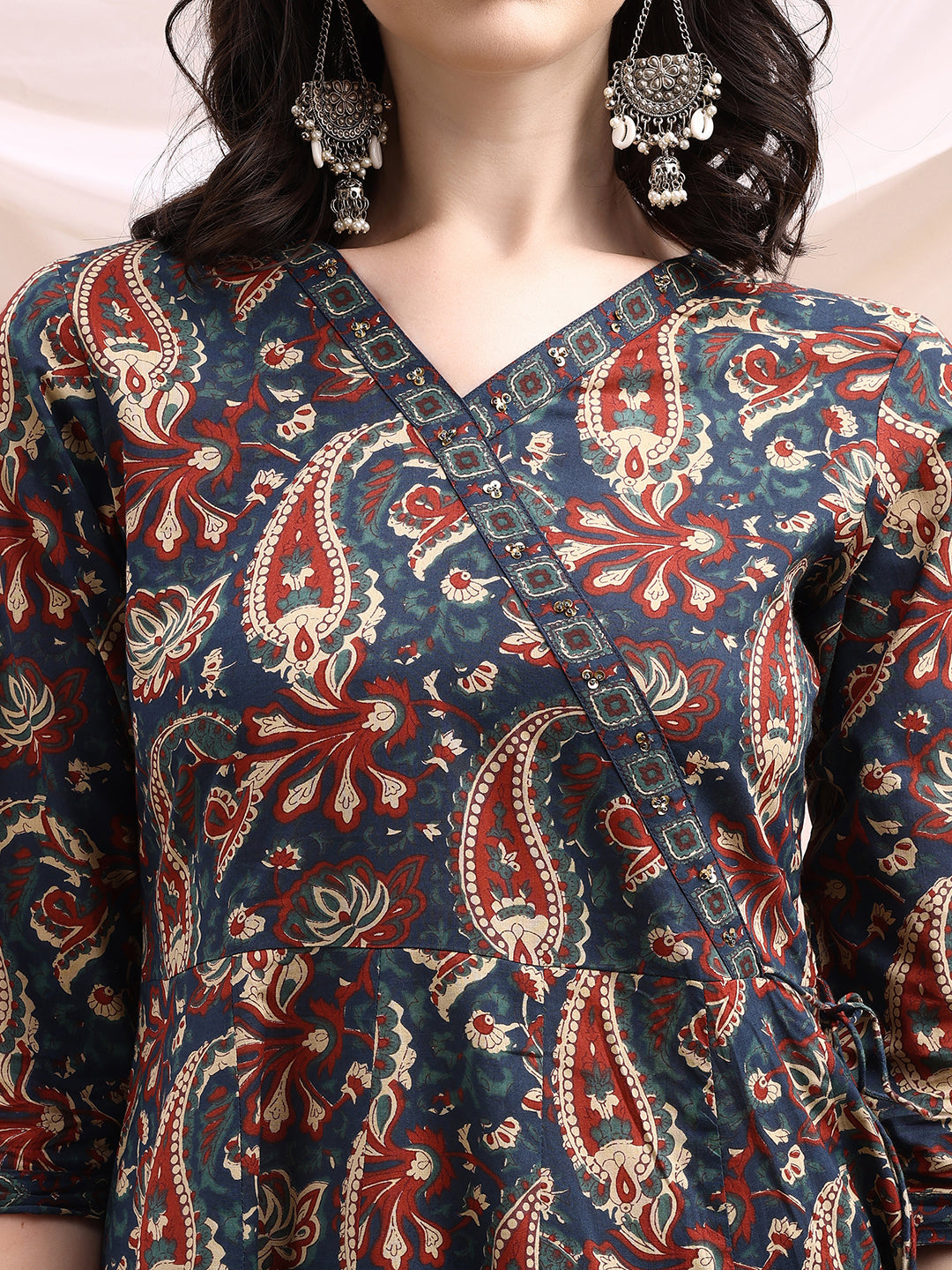 Paisley Printed Angarkha Style Anarkali Kurta With Pant & Dupatta, Navy Blue - Hiral Fashion