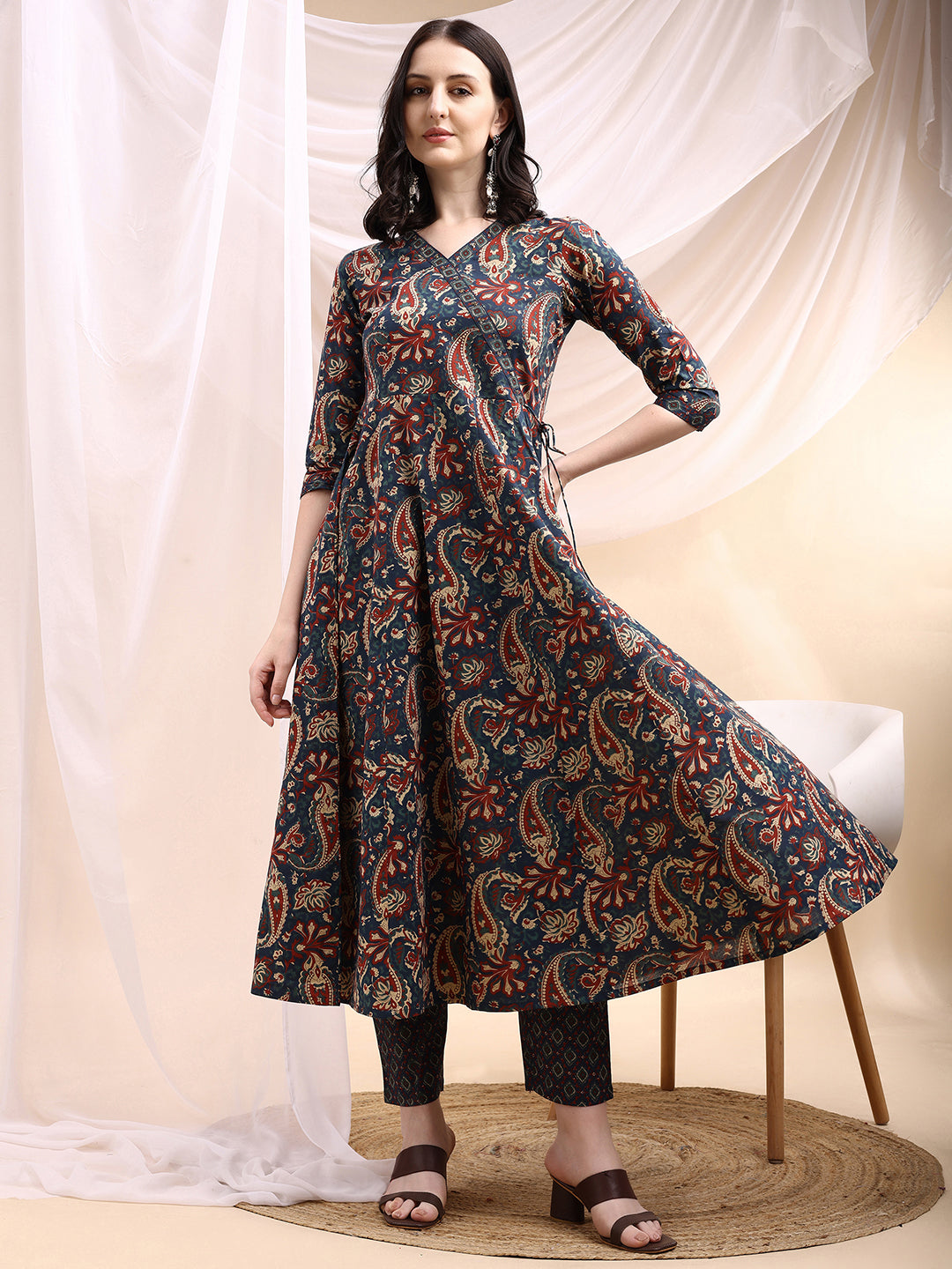 Paisley Printed Angarkha Style Anarkali Kurta With Pant & Dupatta, Navy Blue - Hiral Fashion