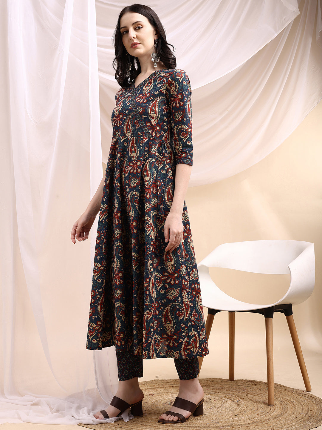 Paisley Printed Angarkha Style Anarkali Kurta With Pant & Dupatta, Navy Blue - Hiral Fashion