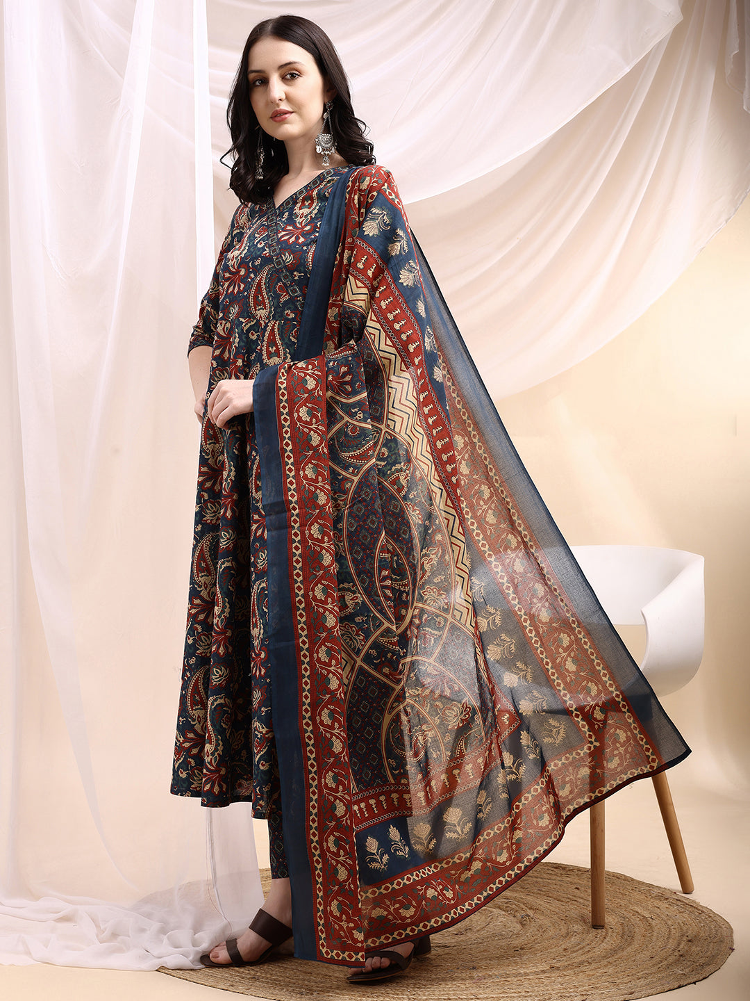 Paisley Printed Angarkha Style Anarkali Kurta With Pant & Dupatta, Navy Blue - Hiral Fashion