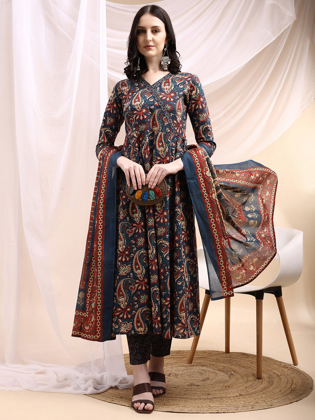 Paisley Printed Angarkha Style Anarkali Kurta With Pant & Dupatta, Navy Blue - Hiral Fashion
