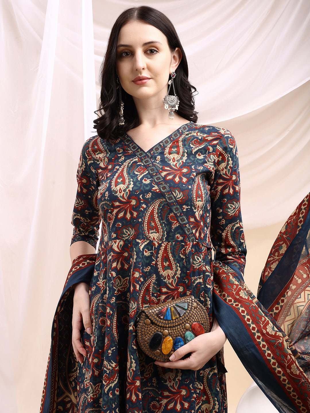 Paisley Printed Angarkha Style Anarkali Kurta With Pant & Dupatta, Navy Blue - Hiral Fashion