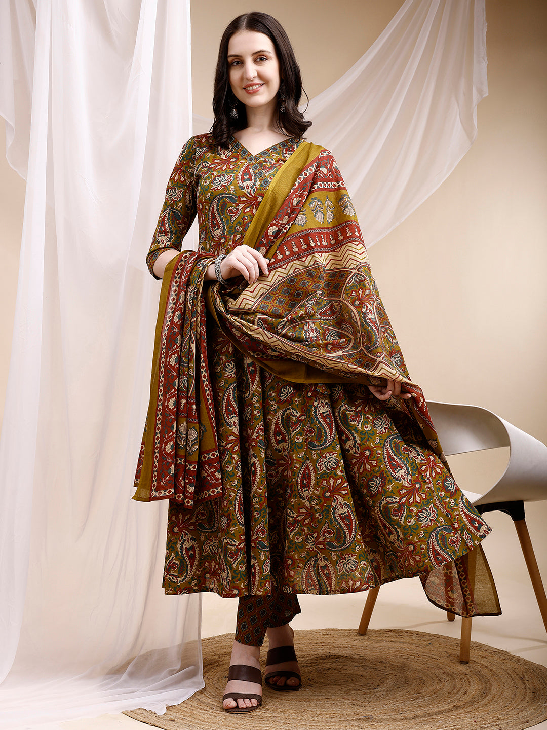 Paisley Printed Angarkha Style Anarkali Kurta With Pant & Dupatta, Olive - Hiral Fashion