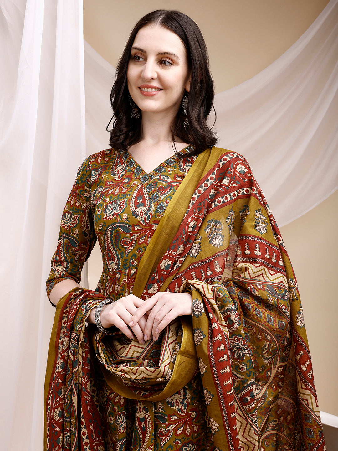 Paisley Printed Angarkha Style Anarkali Kurta With Pant & Dupatta, Olive - Hiral Fashion