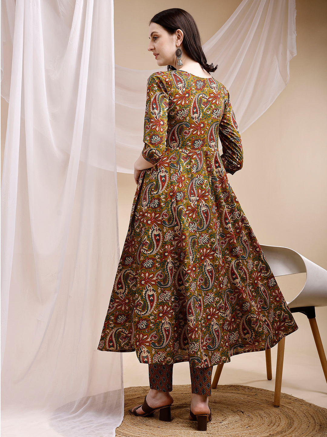 Paisley Printed Angarkha Style Anarkali Kurta With Pant & Dupatta, Olive - Hiral Fashion