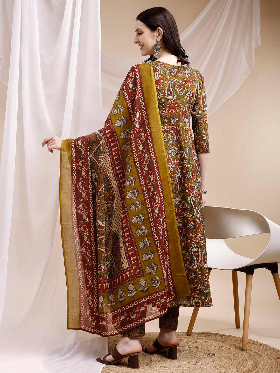 Paisley Printed Angarkha Style Anarkali Kurta With Pant & Dupatta, Olive - Hiral Fashion