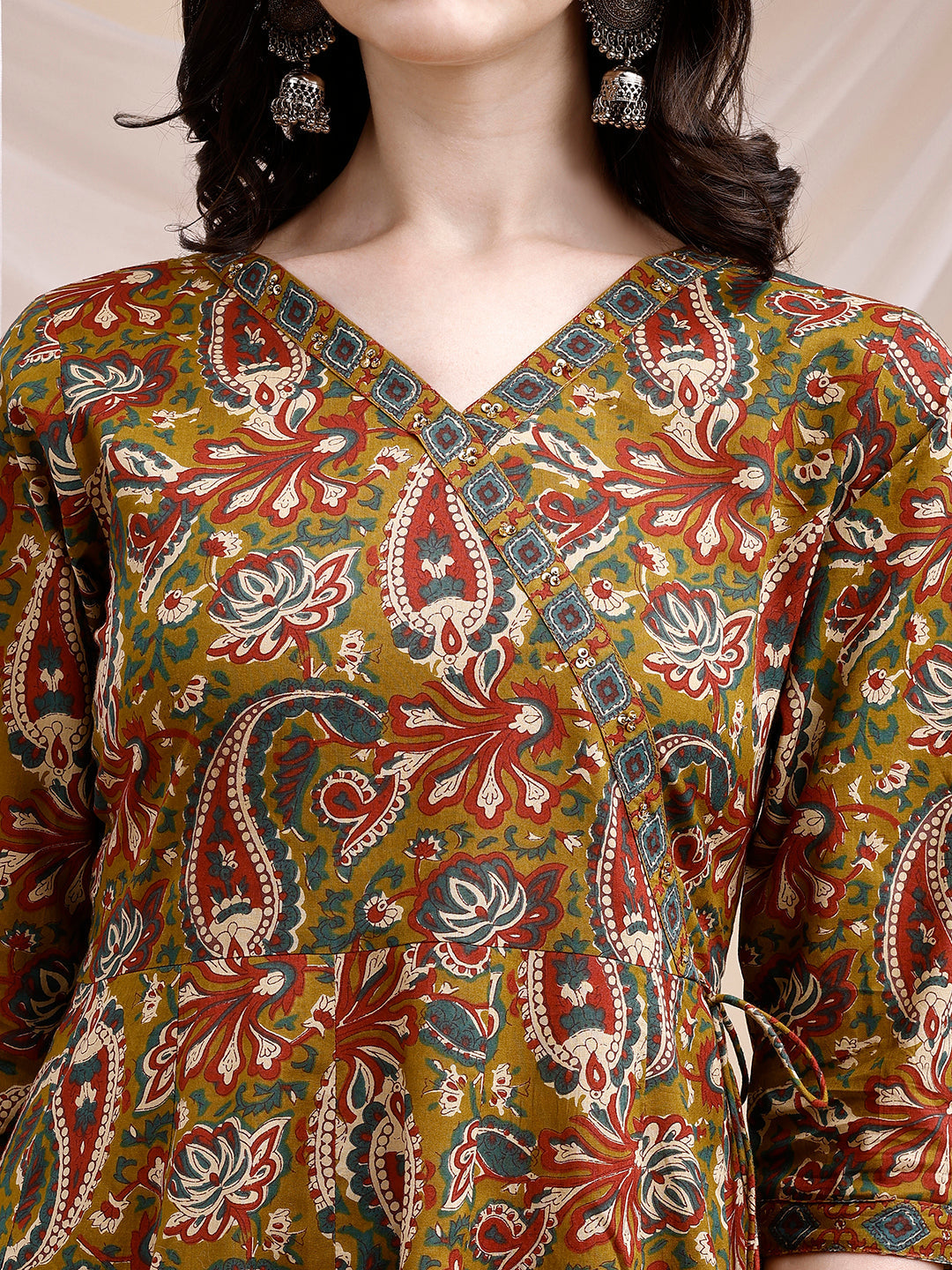 Paisley Printed Angarkha Style Anarkali Kurta With Pant & Dupatta, Olive - Hiral Fashion