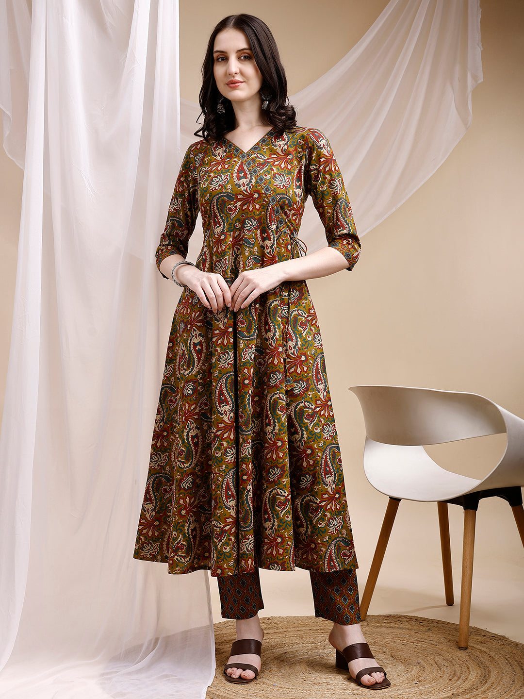 Paisley Printed Angarkha Style Anarkali Kurta With Pant & Dupatta, Olive - Hiral Fashion