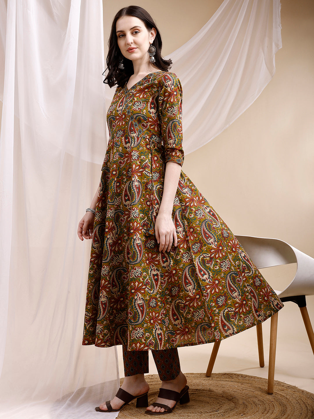 Paisley Printed Angarkha Style Anarkali Kurta With Pant & Dupatta, Olive - Hiral Fashion