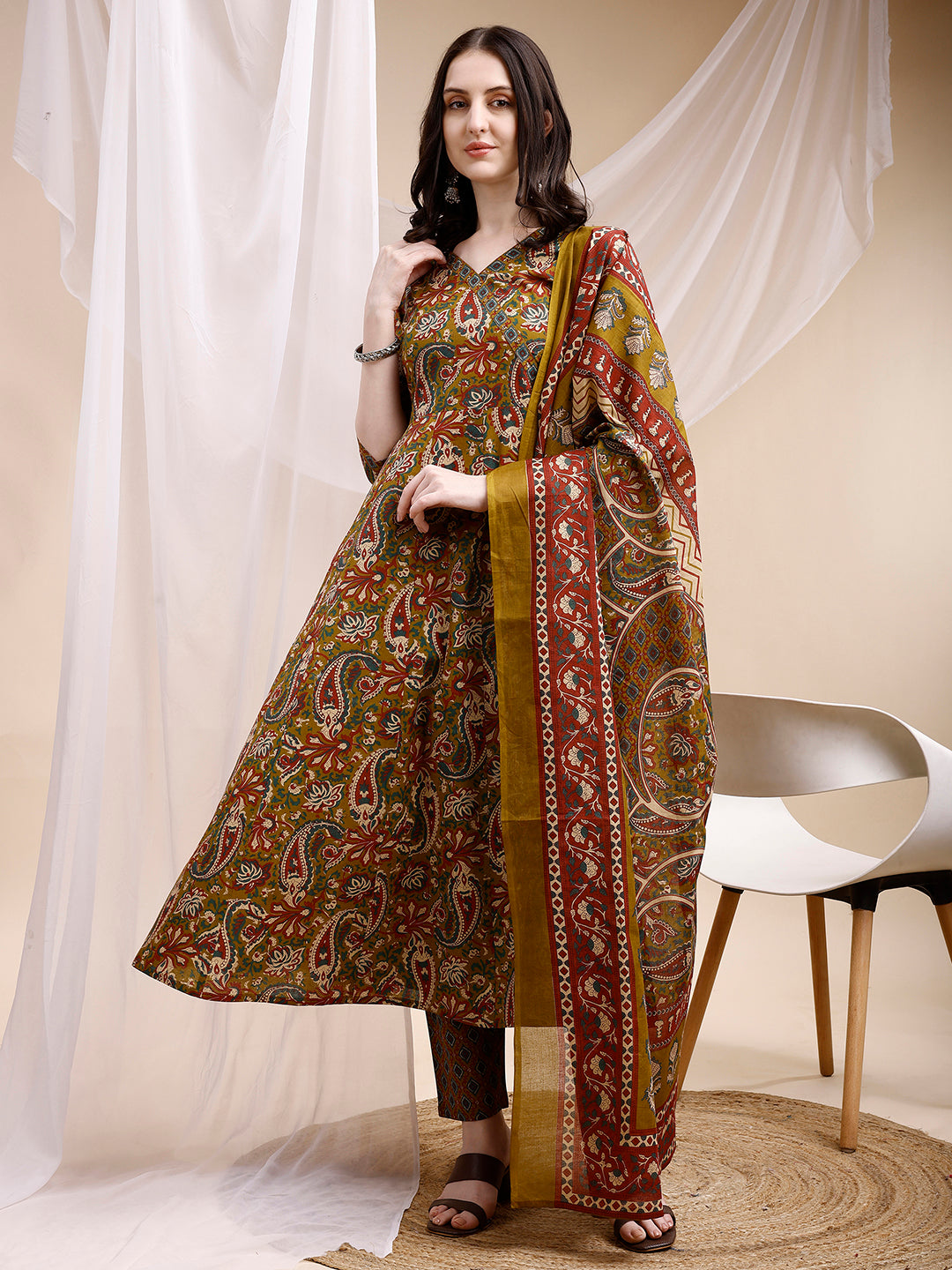 Paisley Printed Angarkha Style Anarkali Kurta With Pant & Dupatta, Olive - Hiral Fashion