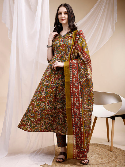 Paisley Printed Angarkha Style Anarkali Kurta With Pant & Dupatta, Olive - Hiral Fashion