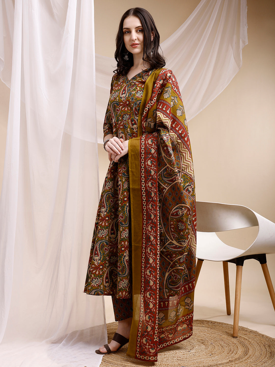 Paisley Printed Angarkha Style Anarkali Kurta With Pant & Dupatta, Olive - Hiral Fashion