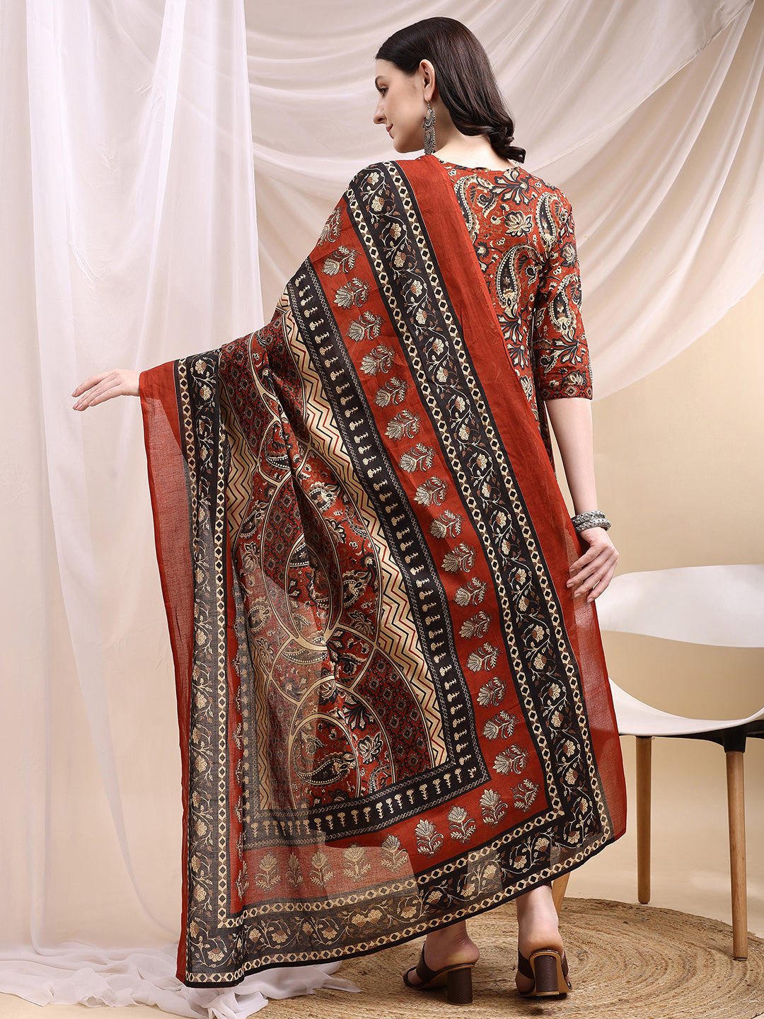 Paisley Printed Angarkha Style Anarkali Kurta With Pant & Dupatta, Rust - Hiral Fashion