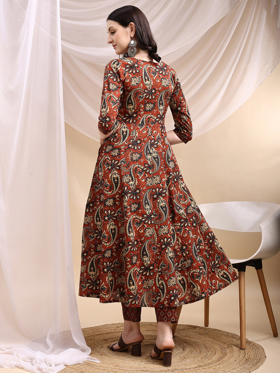 Paisley Printed Angarkha Style Anarkali Kurta With Pant & Dupatta, Rust - Hiral Fashion