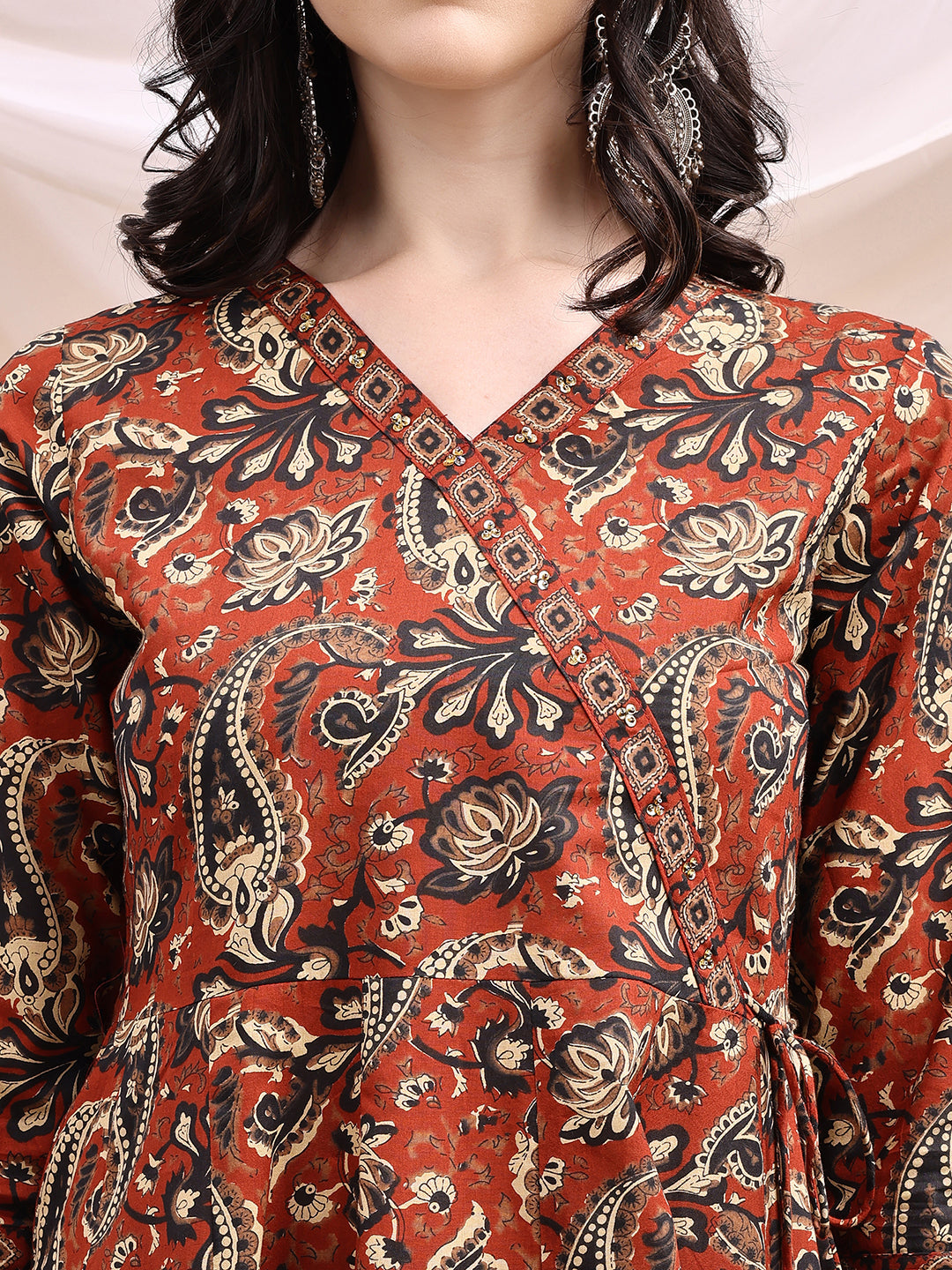 Paisley Printed Angarkha Style Anarkali Kurta With Pant & Dupatta, Rust - Hiral Fashion