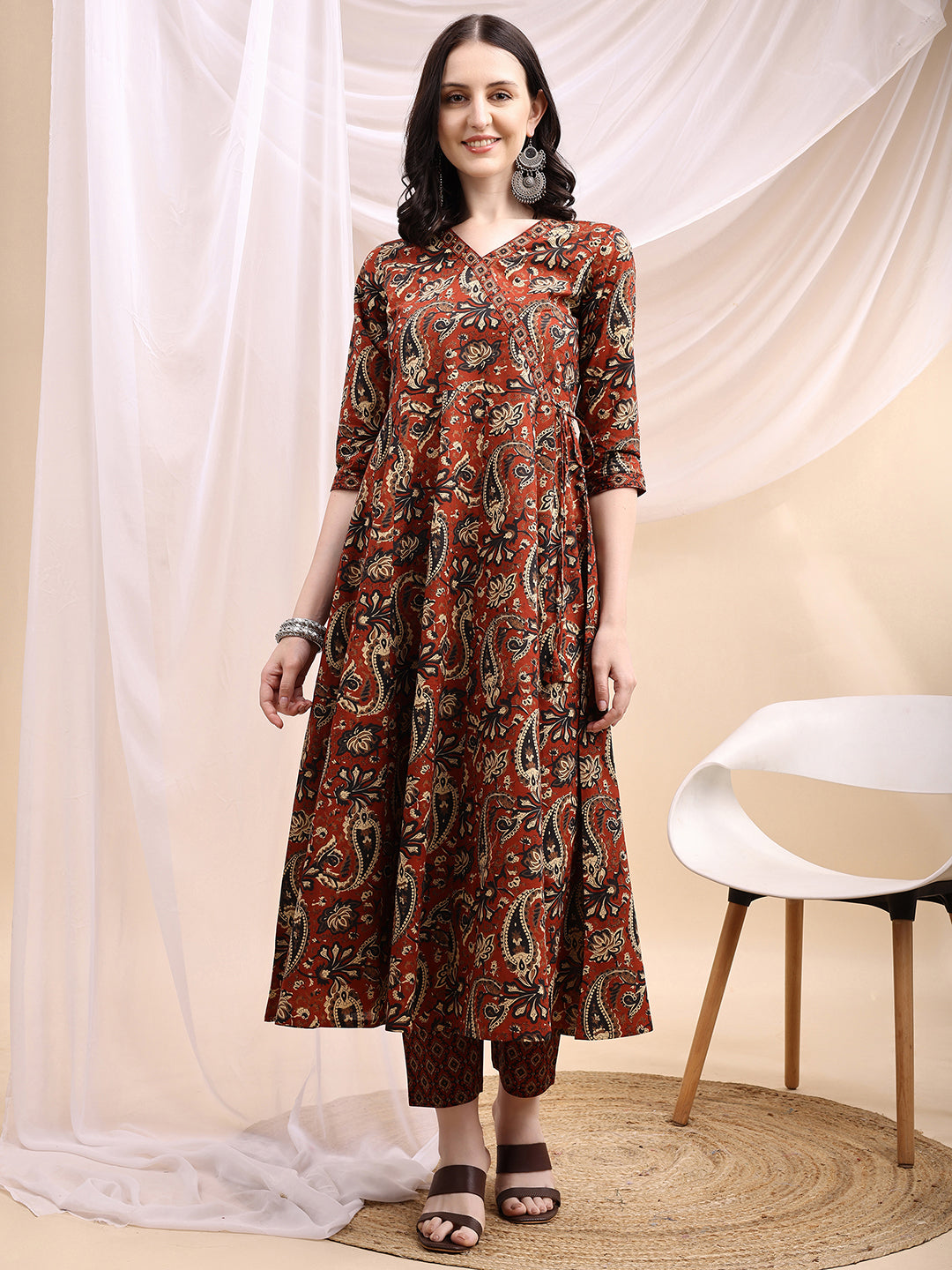 Paisley Printed Angarkha Style Anarkali Kurta With Pant & Dupatta, Rust - Hiral Fashion