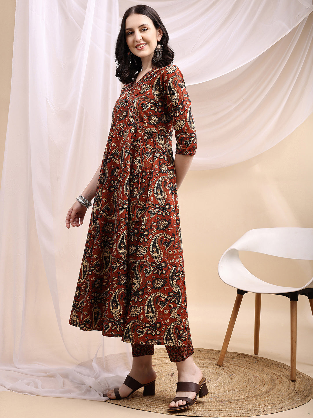 Paisley Printed Angarkha Style Anarkali Kurta With Pant & Dupatta, Rust - Hiral Fashion