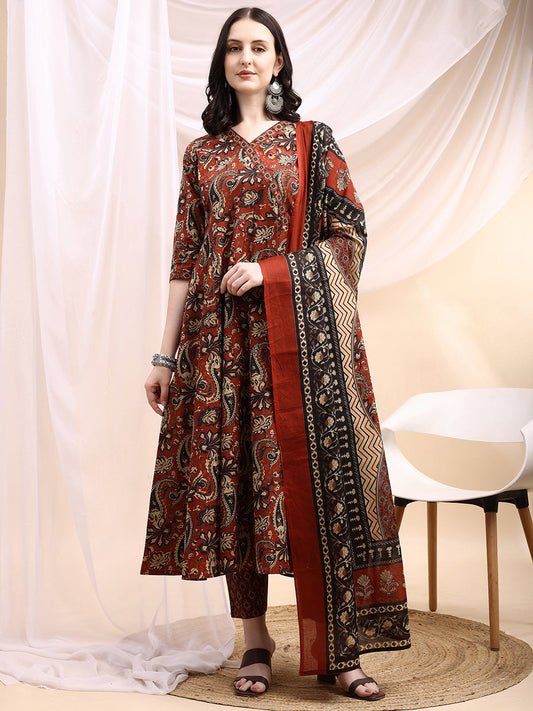 Paisley Printed Angarkha Style Anarkali Kurta With Pant & Dupatta, Rust - Hiral Fashion