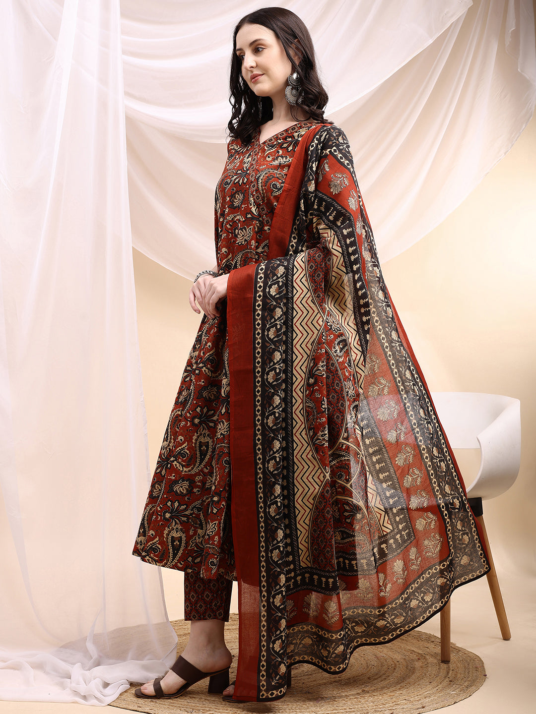 Paisley Printed Angarkha Style Anarkali Kurta With Pant & Dupatta, Rust - Hiral Fashion